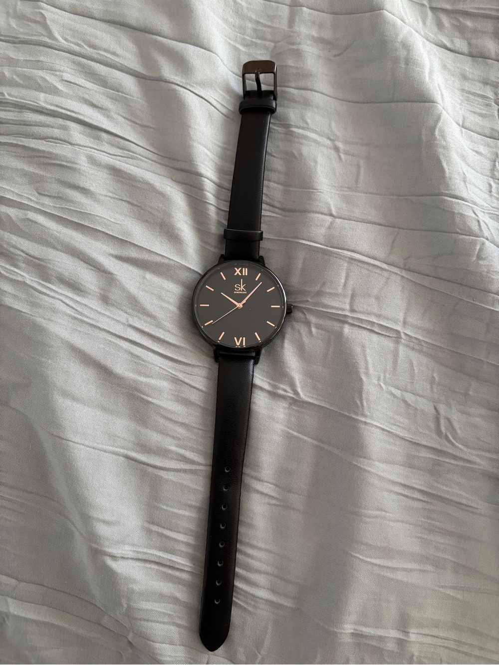 SK Minimalist Black Leather Strap Watch with Rose Gold Accents